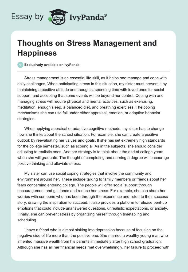 Thoughts on Stress Management and Happiness. Page 1