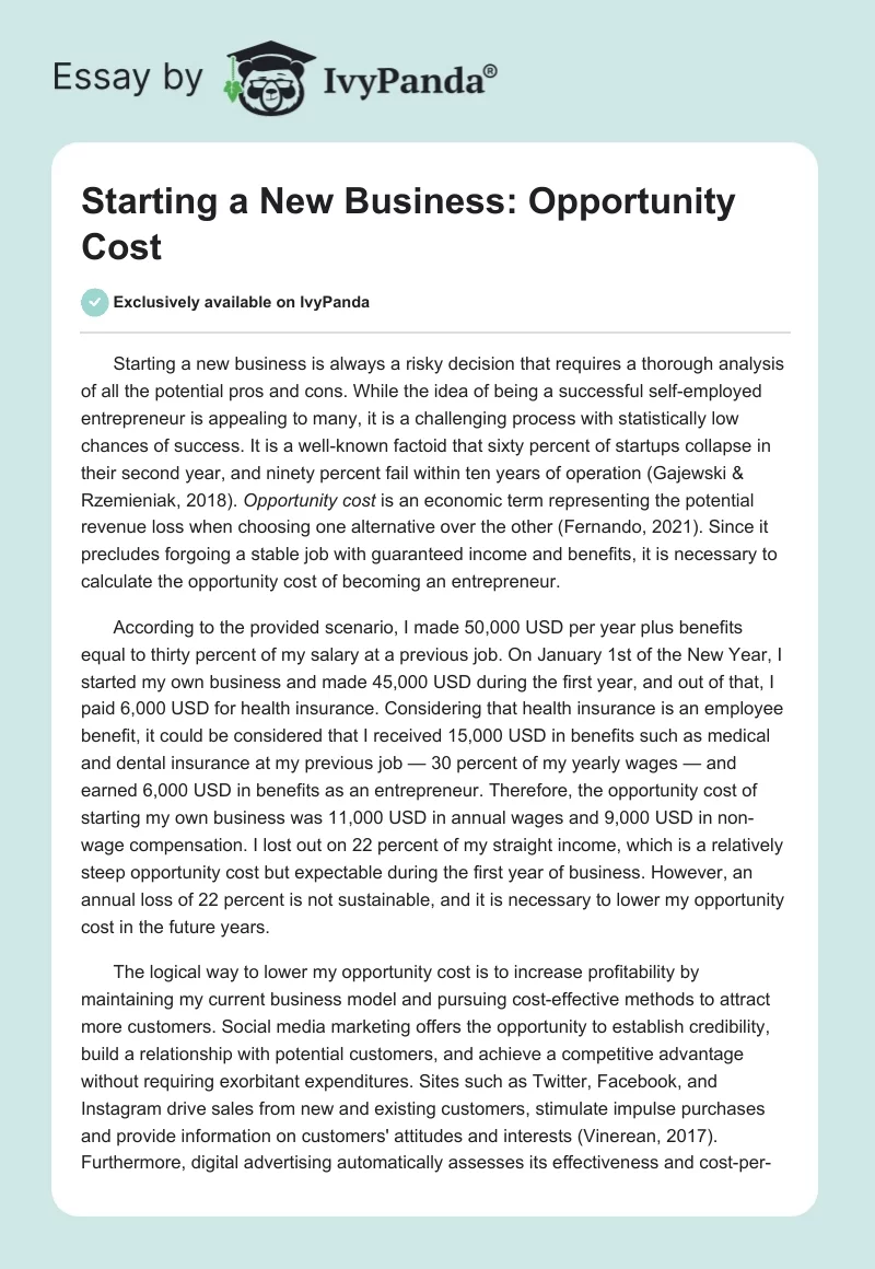 Starting a New Business: Opportunity Cost. Page 1