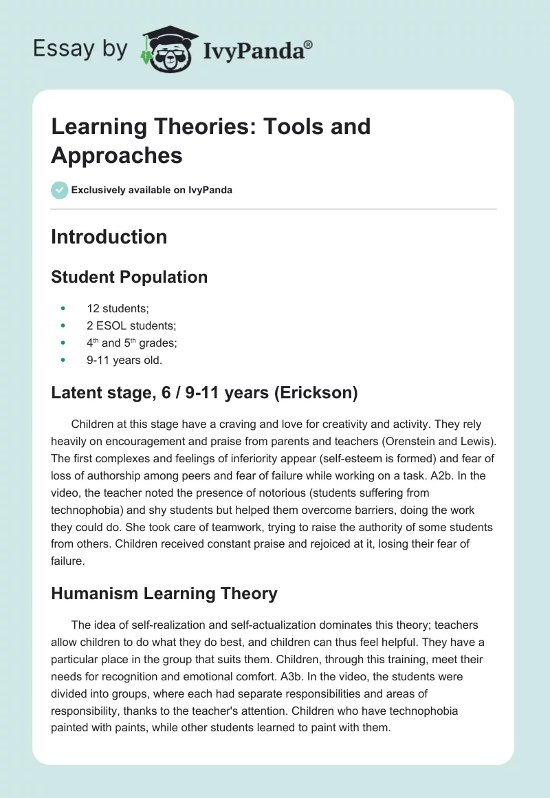 Learning Theories: Tools and Approaches. Page 1