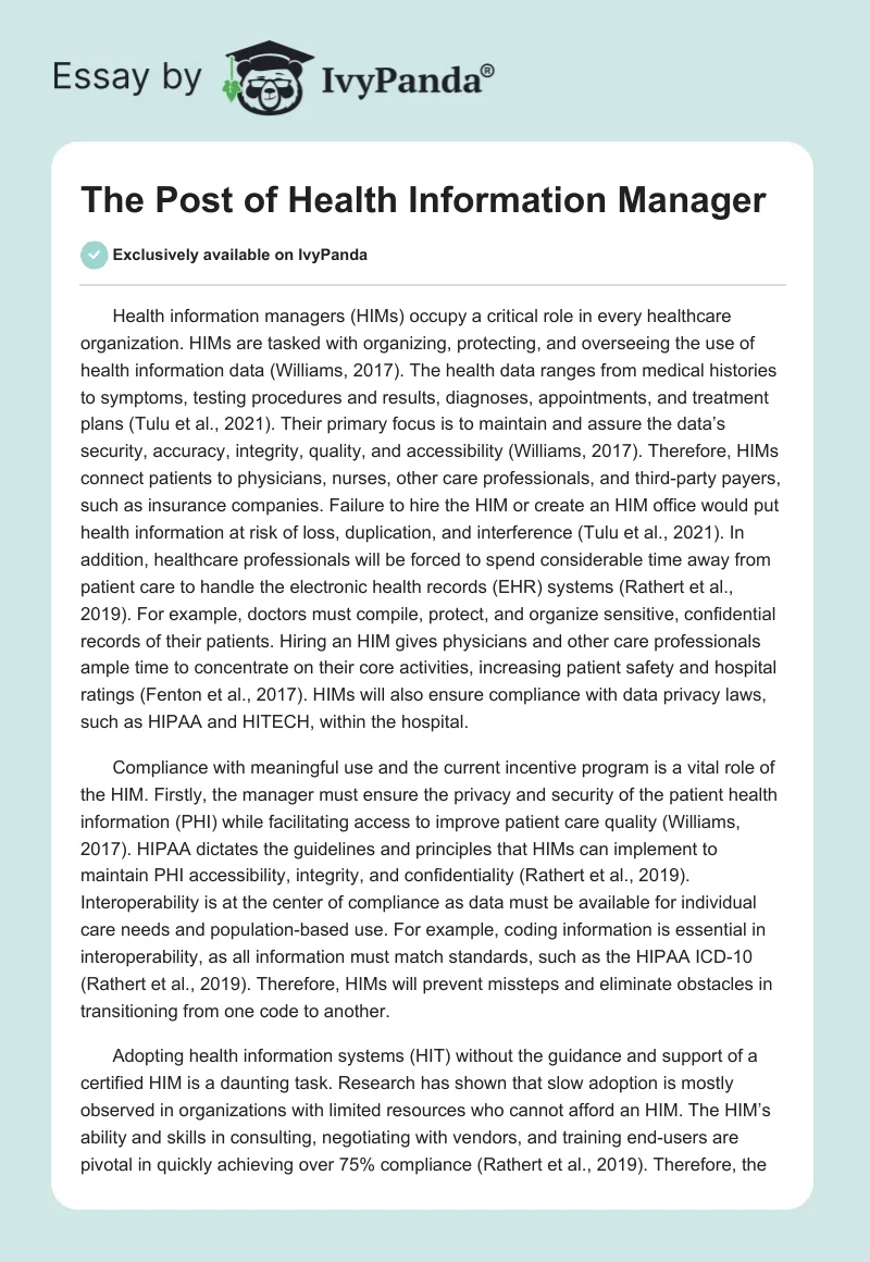 The Post of Health Information Manager. Page 1