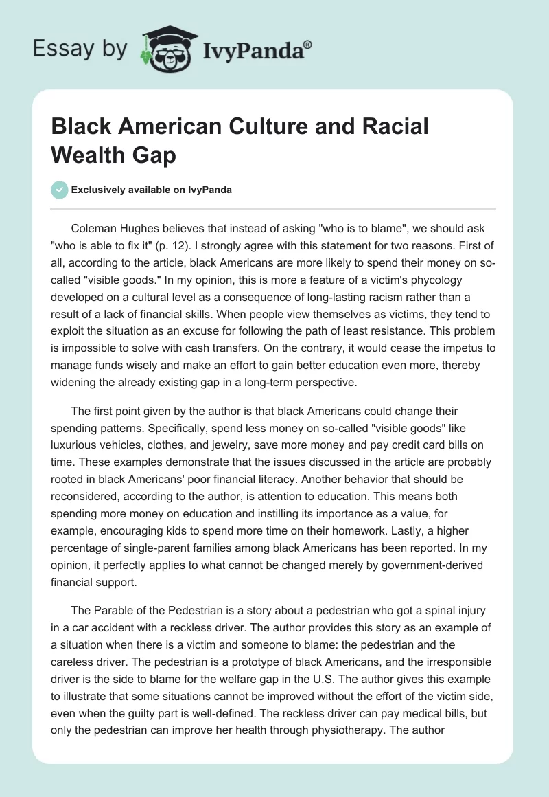 Black American Culture and Racial Wealth Gap. Page 1