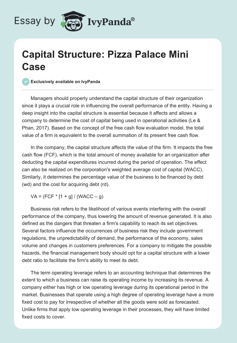 Capital Structure: Pizza Palace Mini Case. Page 1