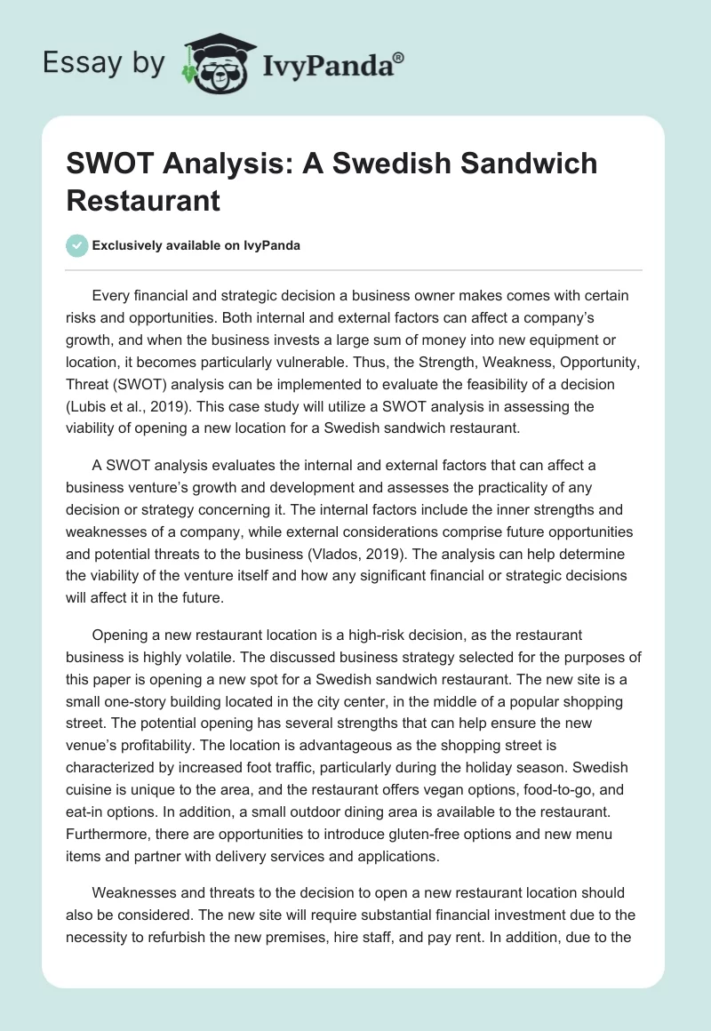 SWOT Analysis: A Swedish Sandwich Restaurant. Page 1