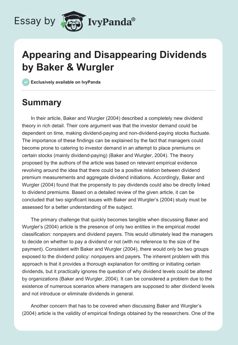 Appearing and Disappearing Dividends by Baker & Wurgler. Page 1
