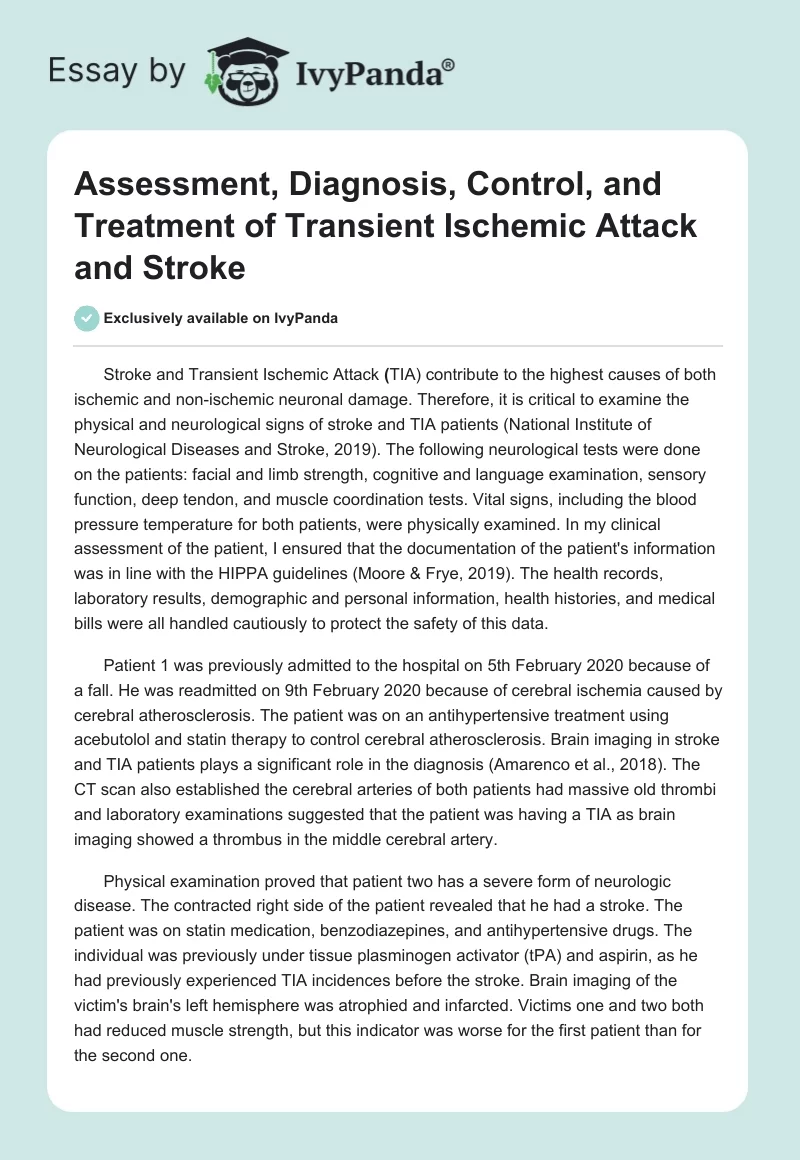 Assessment, Diagnosis, Control, and Treatment of Transient Ischemic Attack and Stroke. Page 1
