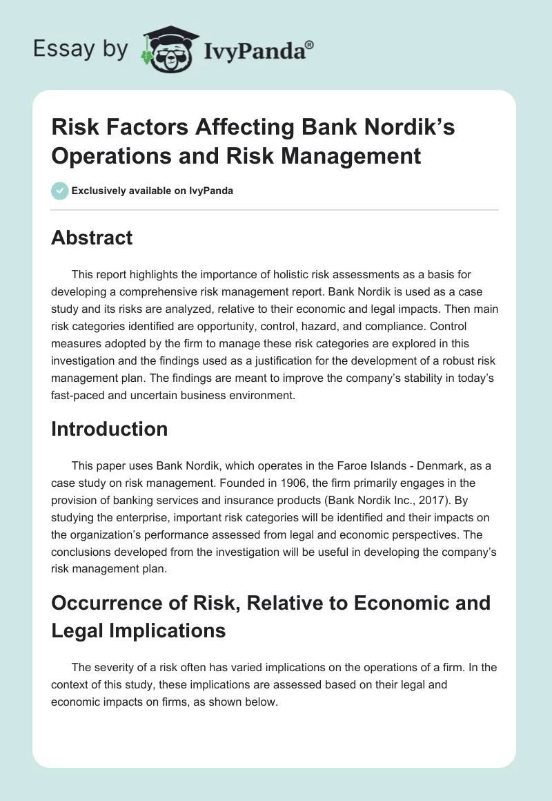 Risk Factors Affecting Bank Nordik’s Operations and Risk Management. Page 1