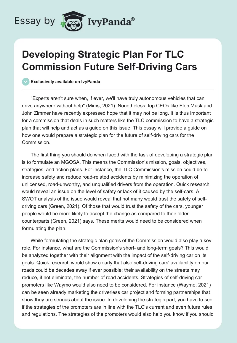 Developing Strategic Plan for TLC Commission Future Self-Driving Cars. Page 1