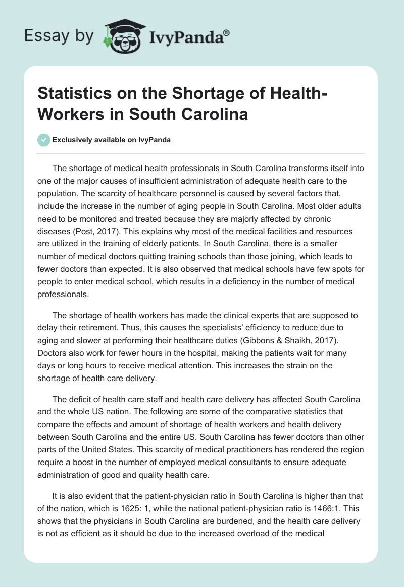 Statistics on the Shortage of Health-Workers in South Carolina. Page 1