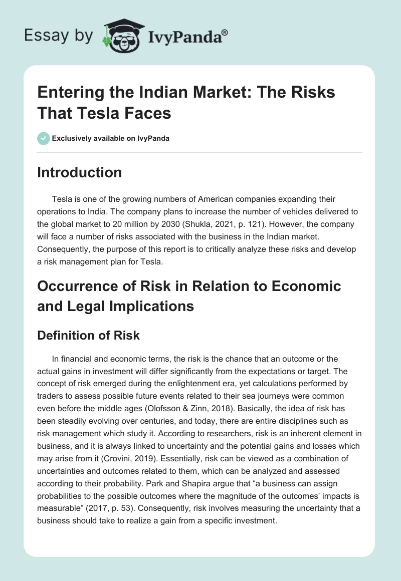 Entering the Indian Market: The Risks That Tesla Faces. Page 1