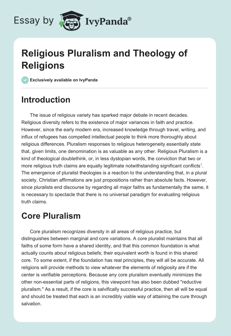 Religious Pluralism and Theology of Religions. Page 1