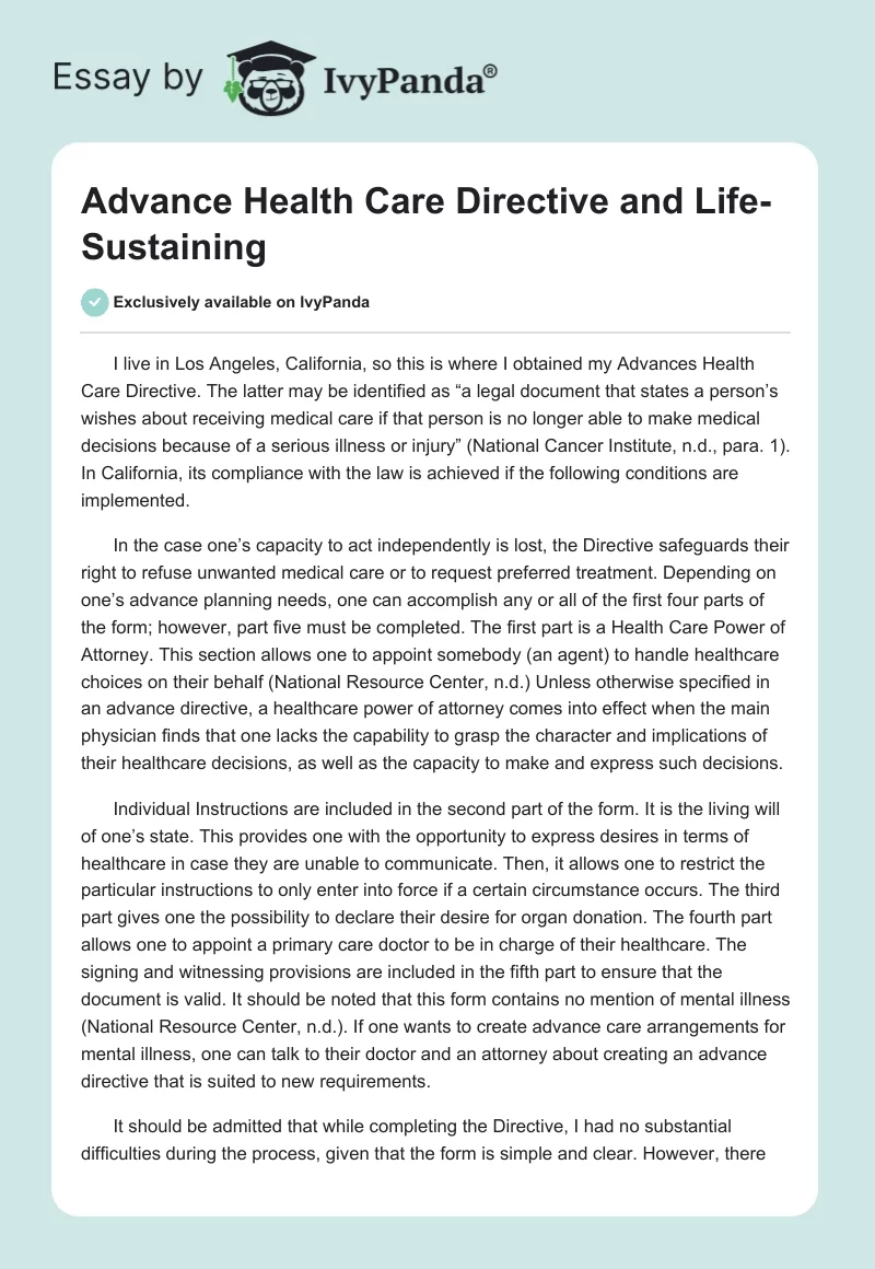 Advance Health Care Directive and Life-Sustaining. Page 1