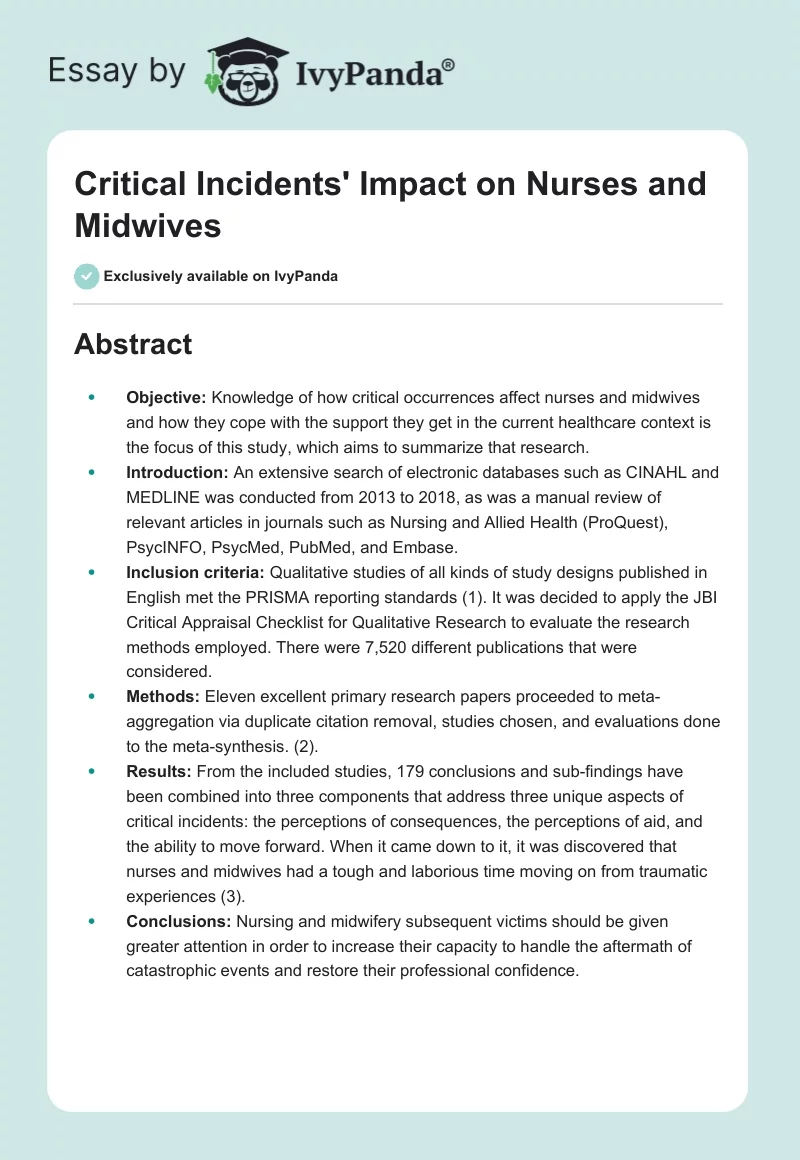 Critical Incidents' Impact on Nurses and Midwives. Page 1