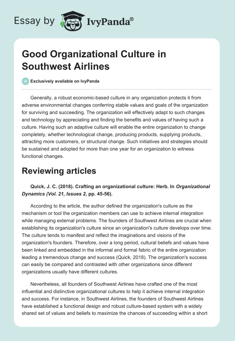 Good Organizational Culture in Southwest Airlines. Page 1