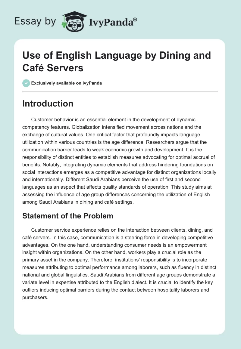 Use of English Language by Dining and Café Servers. Page 1
