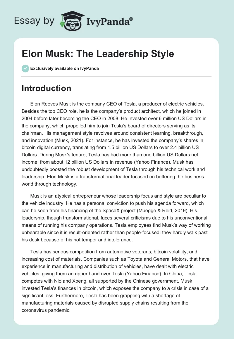 Elon Musk: The Leadership Style. Page 1