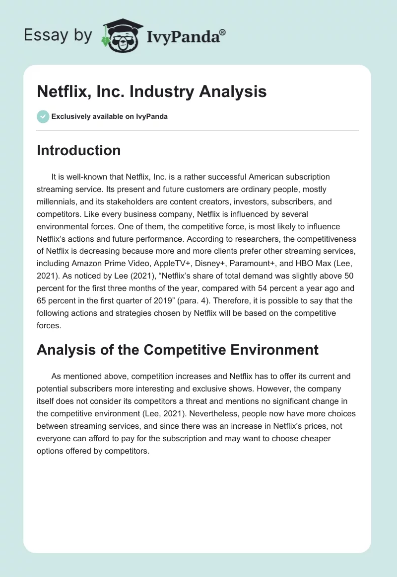 Netflix, Inc. Industry Analysis. Page 1