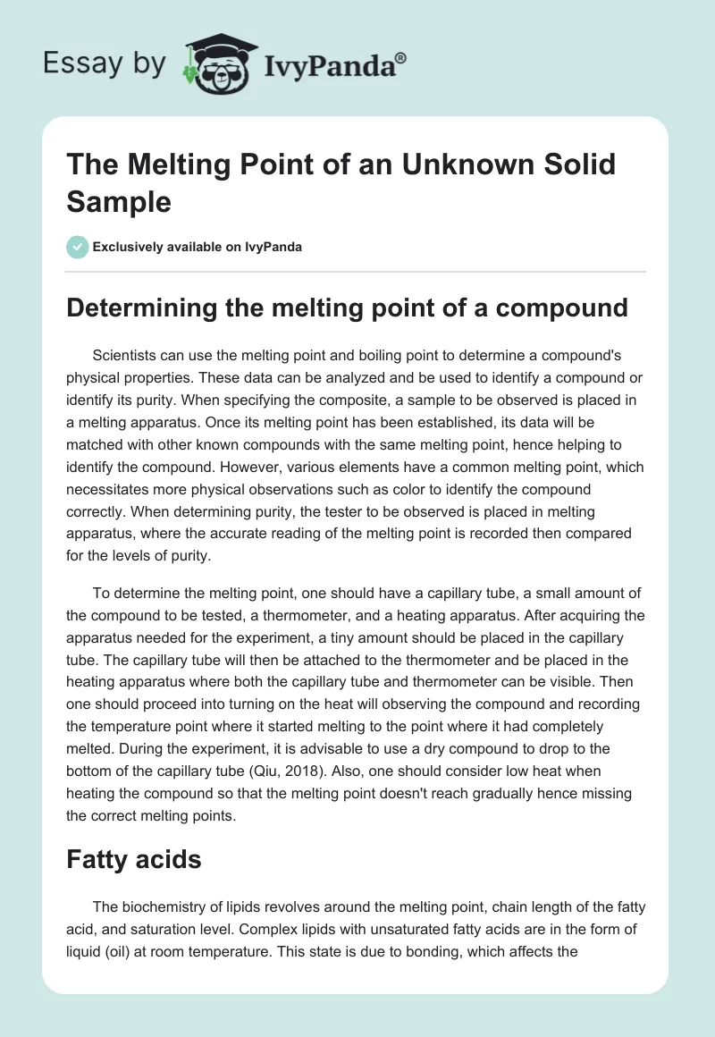 The Melting Point of an Unknown Solid Sample. Page 1