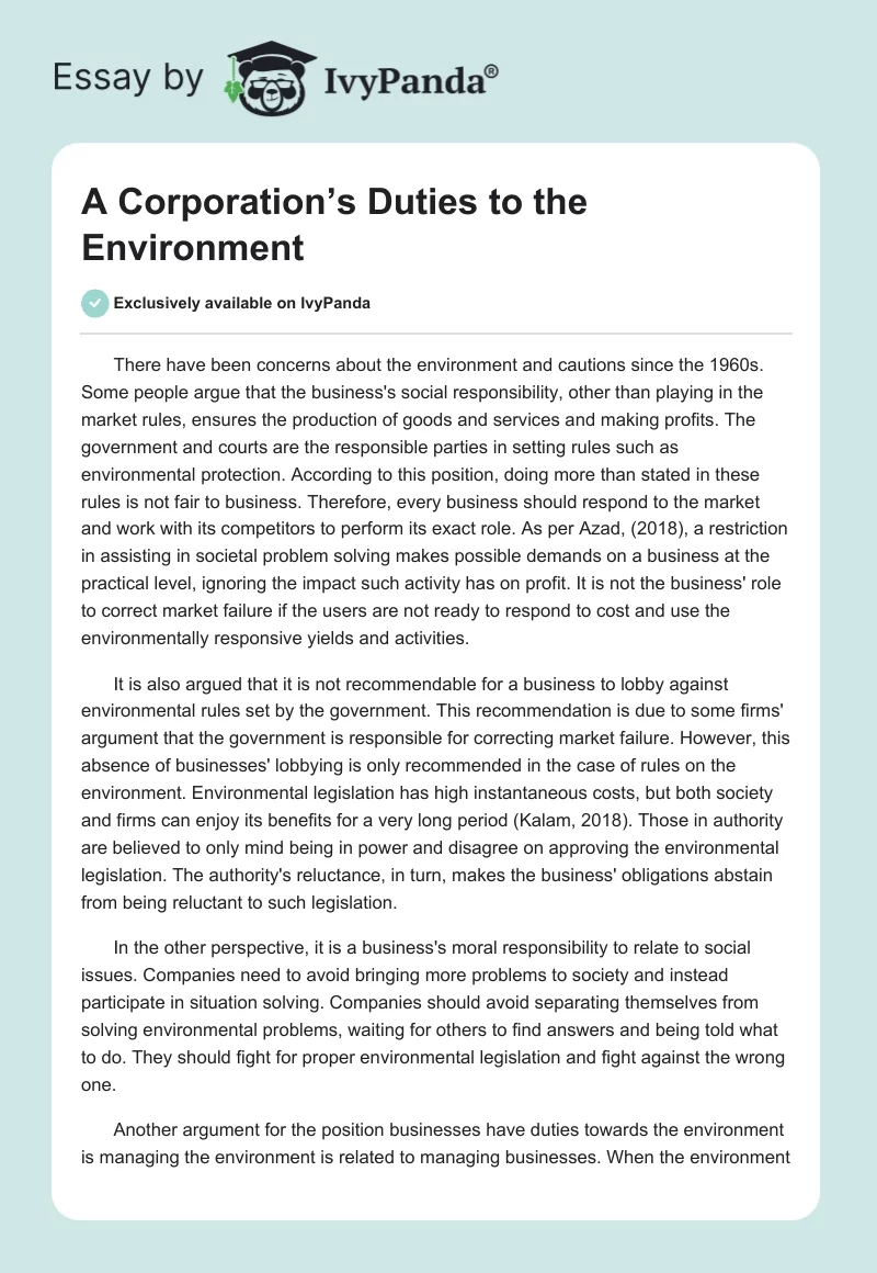 A Corporation’s Duties to the Environment. Page 1