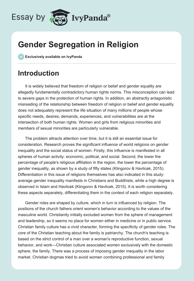 Gender Segregation In Religion 1944 Words Research Paper Example