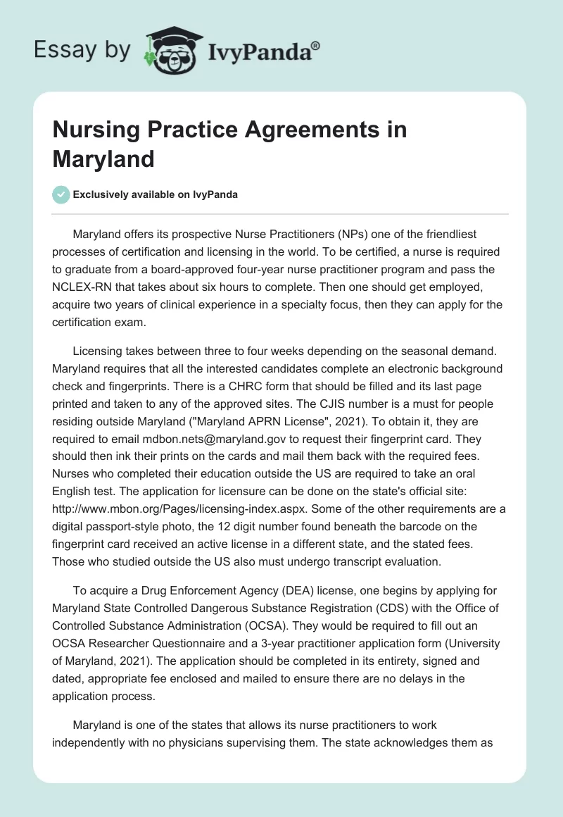Nursing Practice Agreements in Maryland. Page 1