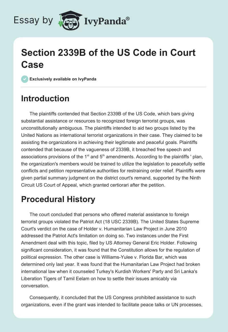 Section 2339B of the US Code in Court Case. Page 1