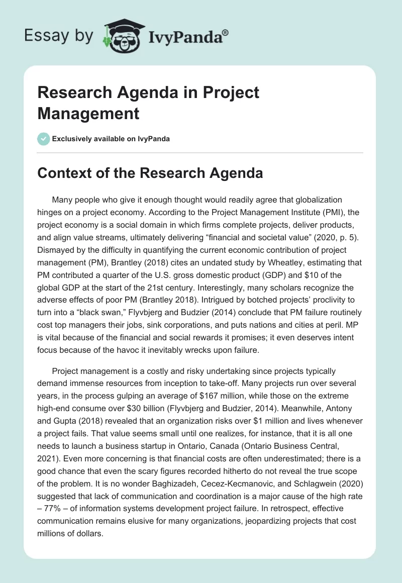 Research Agenda in Project Management. Page 1