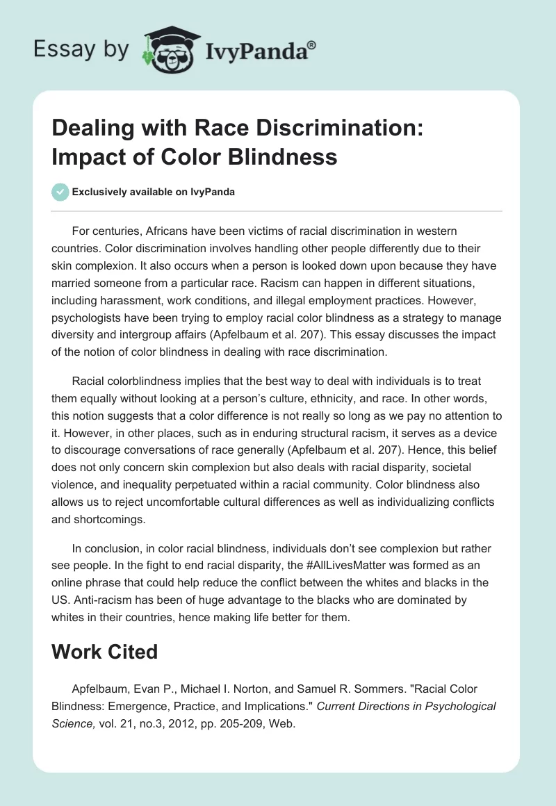 Dealing With Race Discrimination: Impact of Color Blindness. Page 1