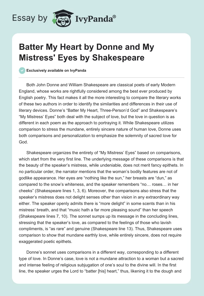 "Batter My Heart" by Donne and "My Mistress' Eyes" by Shakespeare. Page 1