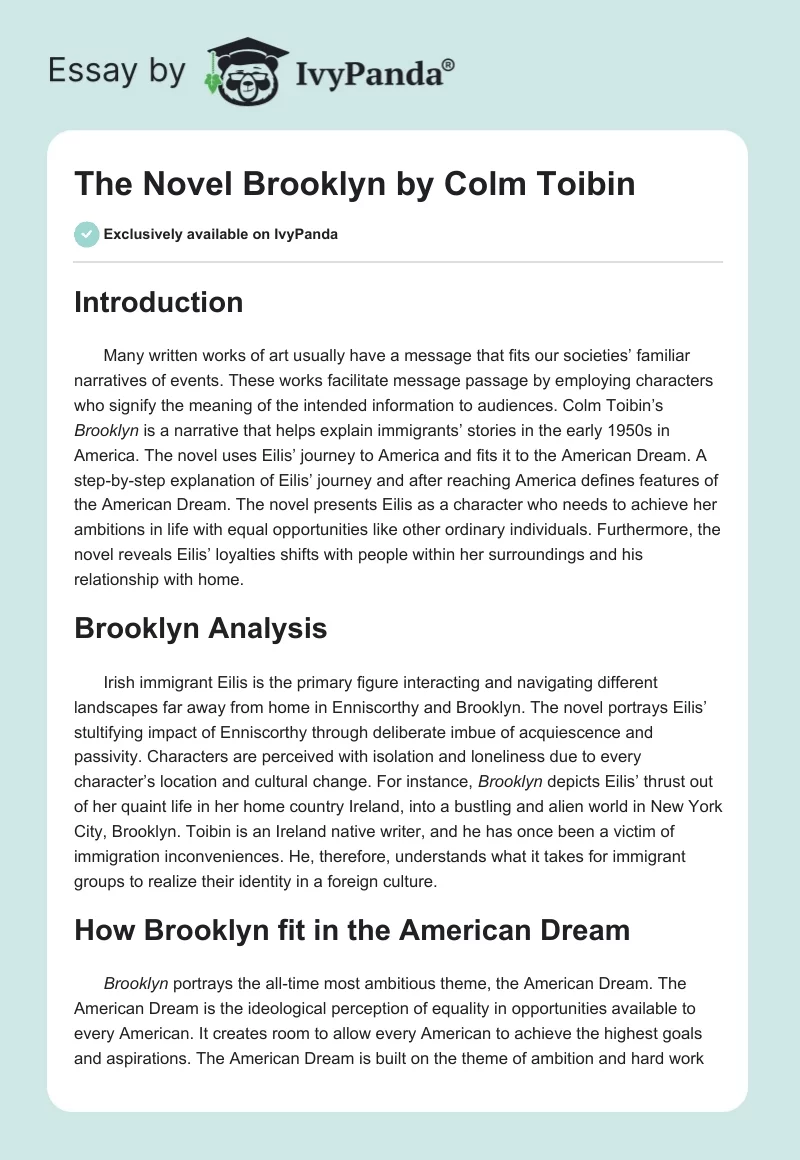 The Novel "Brooklyn" by Colm Toibin. Page 1
