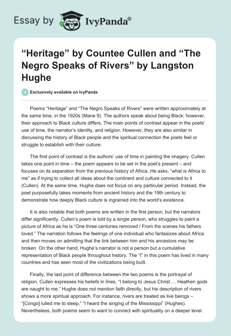 “Heritage” by Countee Cullen and “The Negro Speaks of Rivers” by Langston Hughe. Page 1