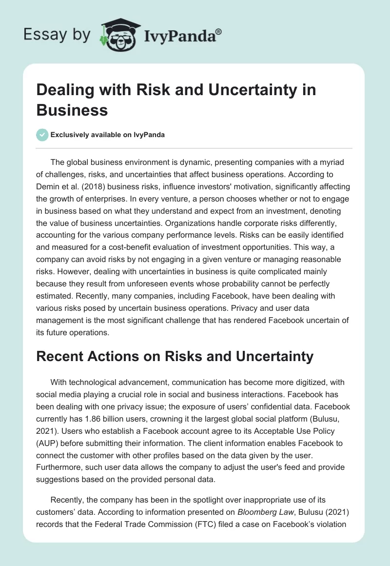 Dealing with Risk and Uncertainty in Business. Page 1
