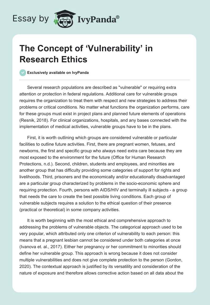 The Concept of ‘Vulnerability’ in Research Ethics. Page 1