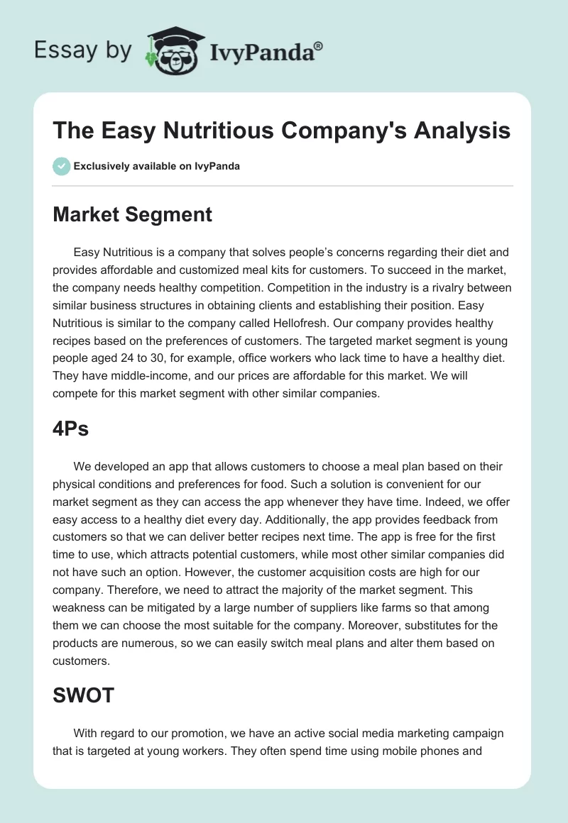 The Easy Nutritious Company's Analysis. Page 1