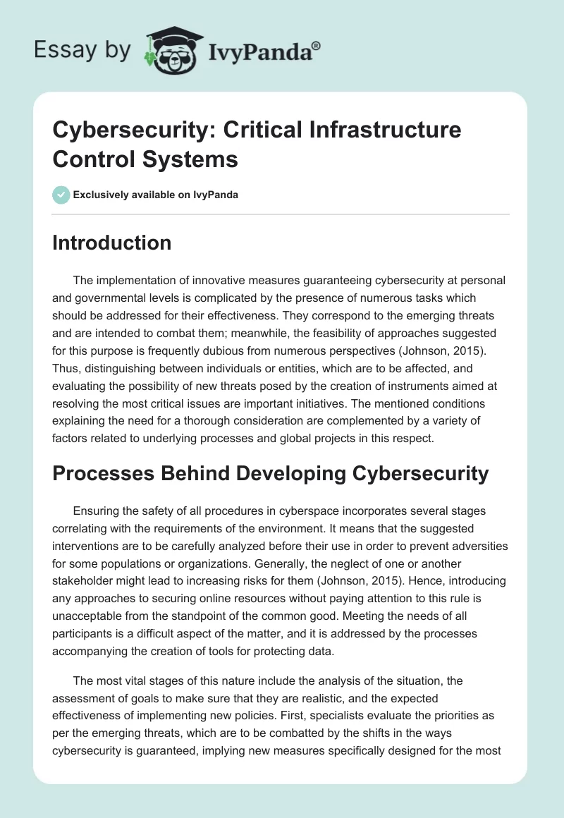 Cybersecurity: Critical Infrastructure Control Systems. Page 1