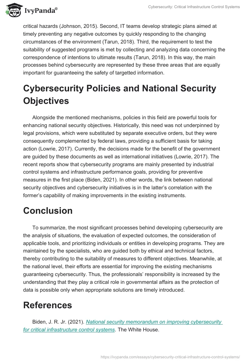 Cybersecurity: Critical Infrastructure Control Systems. Page 2