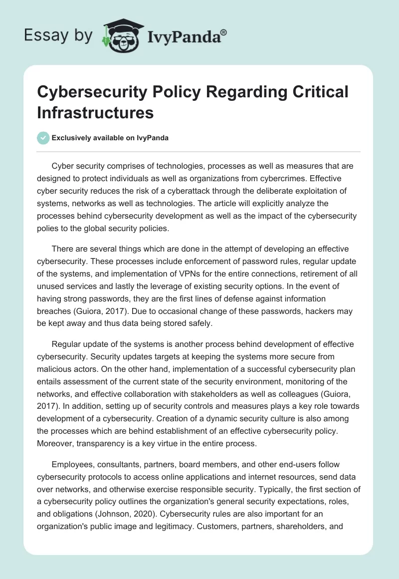 Cybersecurity Policy Regarding Critical Infrastructures. Page 1