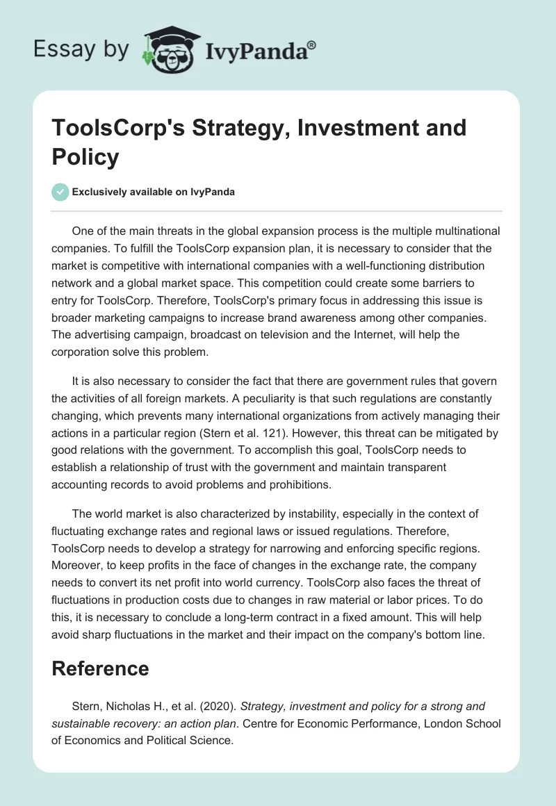 ToolsCorp's Strategy, Investment and Policy. Page 1