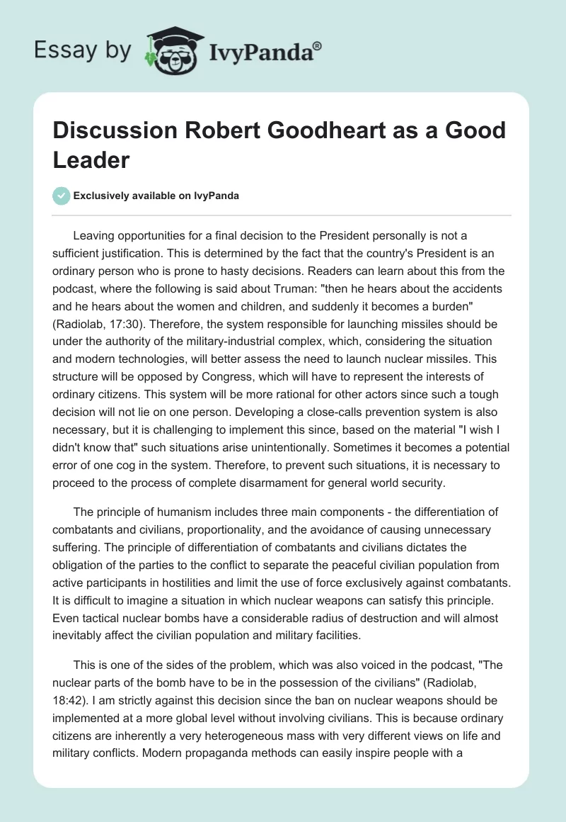 Discussion Robert Goodheart as a Good Leader. Page 1