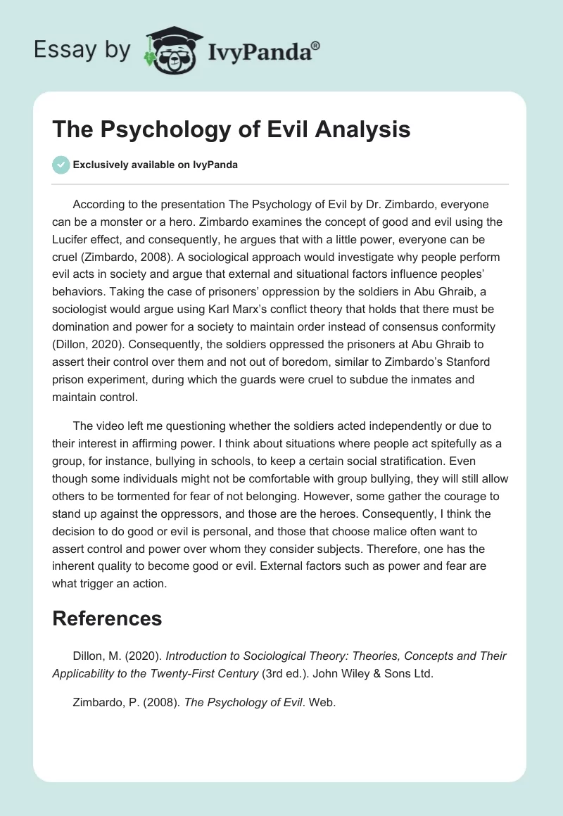 The Psychology of Evil Analysis. Page 1