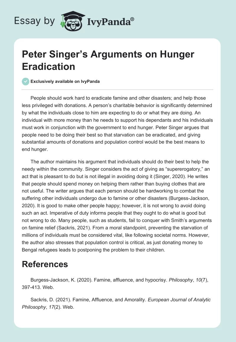 Peter Singer’s Arguments on Hunger Eradication. Page 1