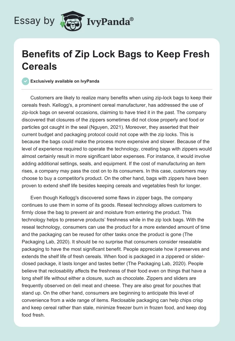 Benefits of Zip Lock Bags to Keep Fresh Cereals. Page 1