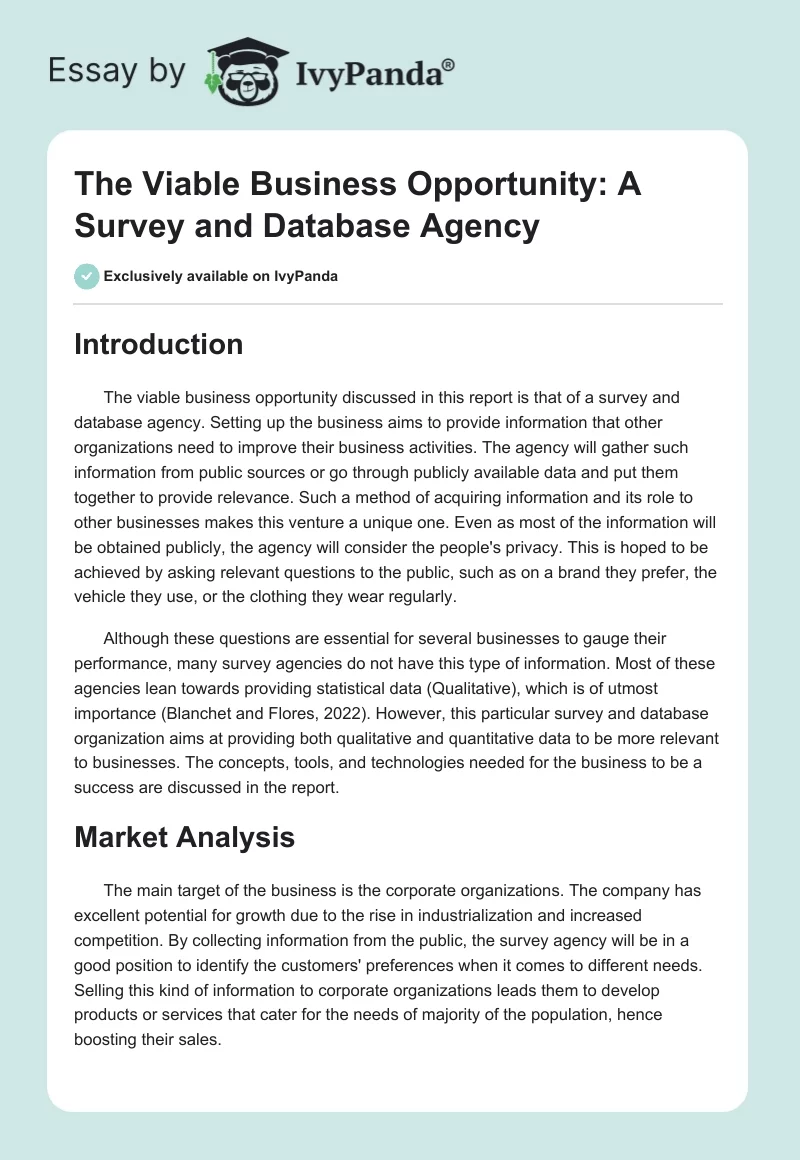 The Viable Business Opportunity: A Survey and Database Agency. Page 1