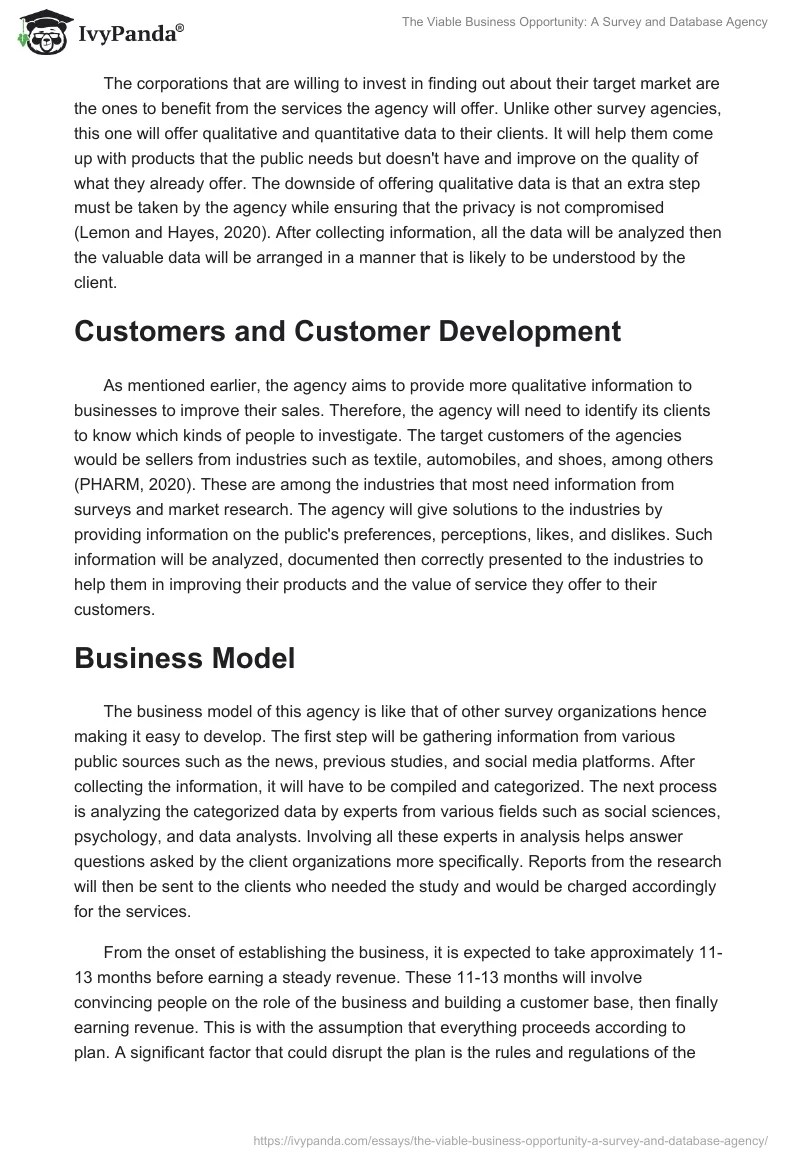 The Viable Business Opportunity: A Survey and Database Agency. Page 2