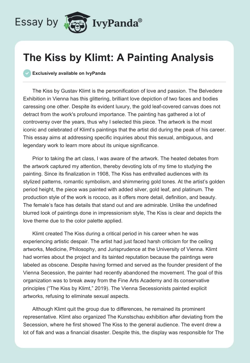 The Kiss by Klimt: A Painting Analysis. Page 1