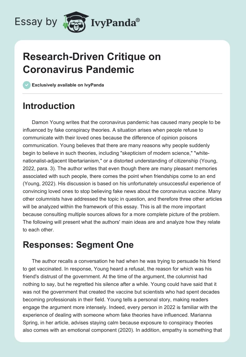 Research-Driven Critique on Coronavirus Pandemic. Page 1
