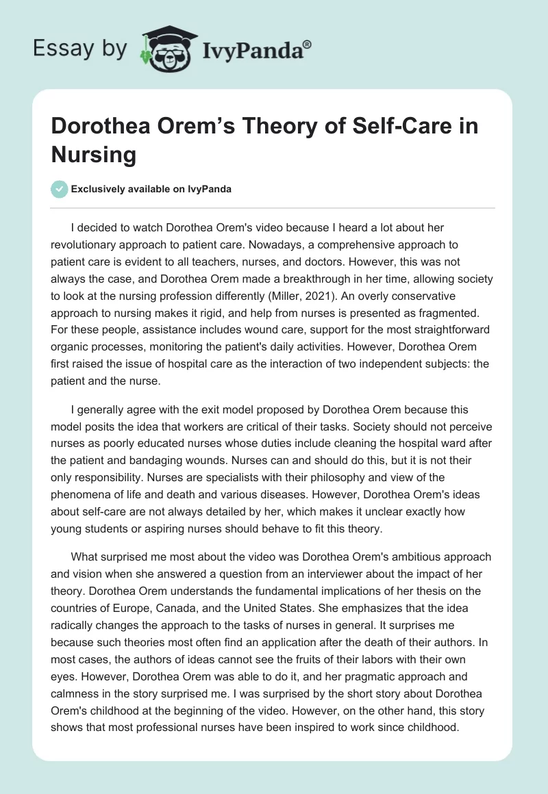 Dorothea Orem’s Theory of Self-Care in Nursing. Page 1