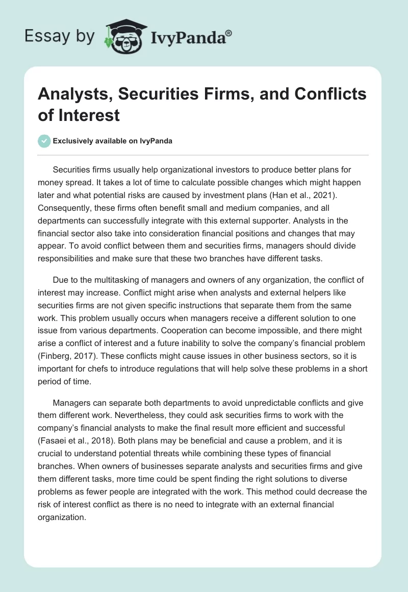 Analysts, Securities Firms, and Conflicts of Interest. Page 1