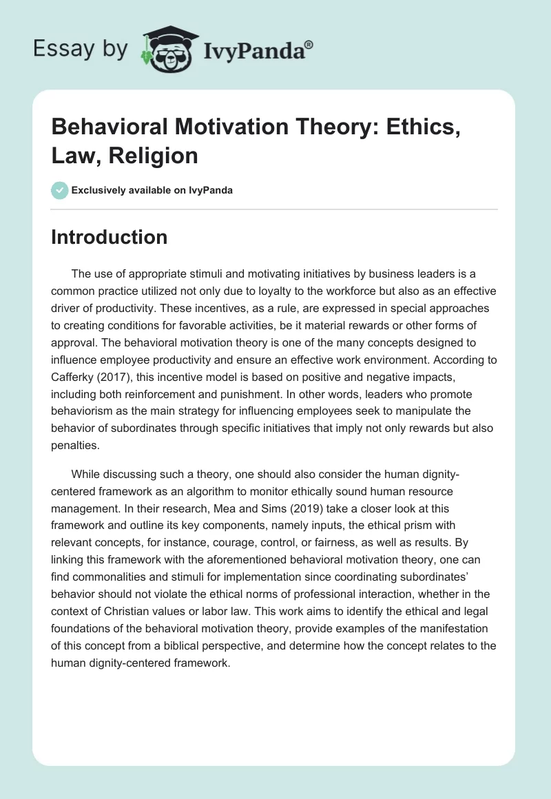 Behavioral Motivation Theory: Ethics, Law, Religion. Page 1