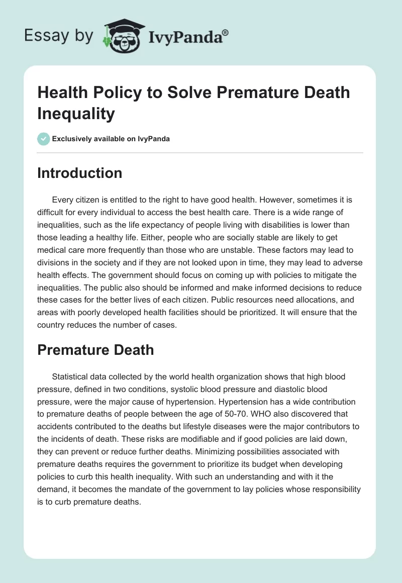 Health Policy to Solve Premature Death Inequality. Page 1