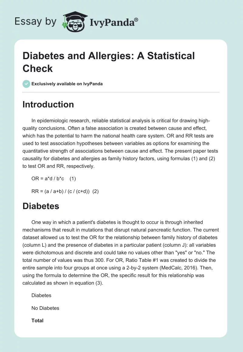 Diabetes and Allergies: A Statistical Check. Page 1